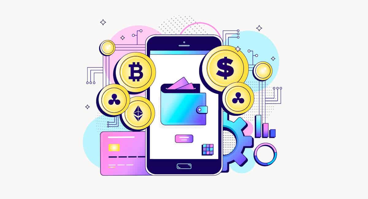 Illustration showcasing a crypto exchange on mobile and various fiat and cryptocurrencies.