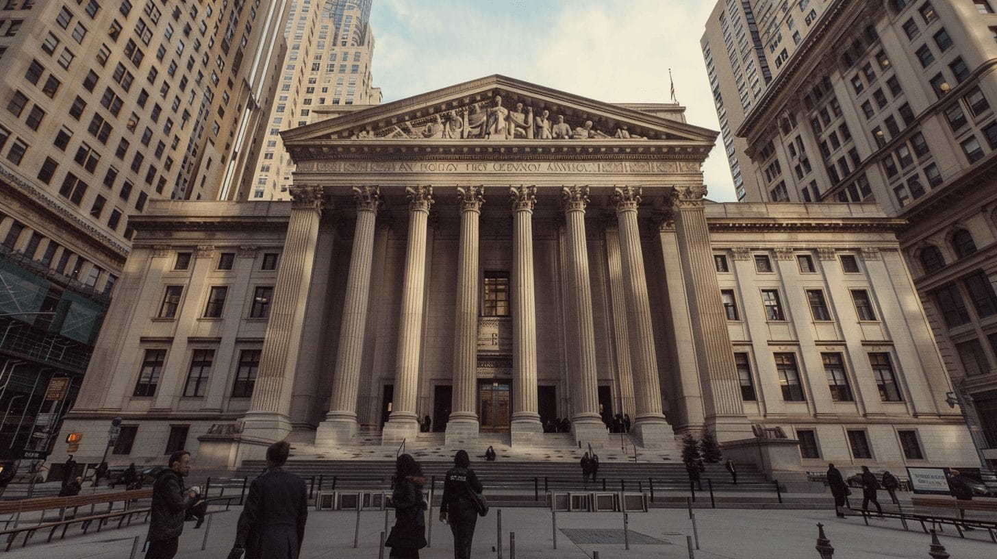 Facade of the neoclassical courthouse, possibly the U.S. Southern District of New York, where the trademark lawsuit against Mason Rothschild's MetaBirkins NFT project was adjudicated, with people walking in front.