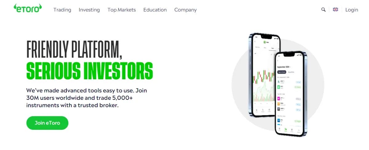 The homepage of the best crypto exchange, eToro.