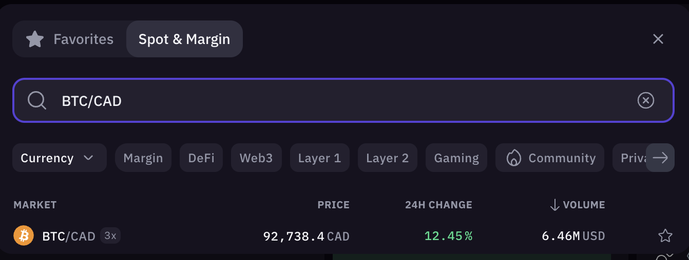 BTC/CAD trading pair on Kraken 