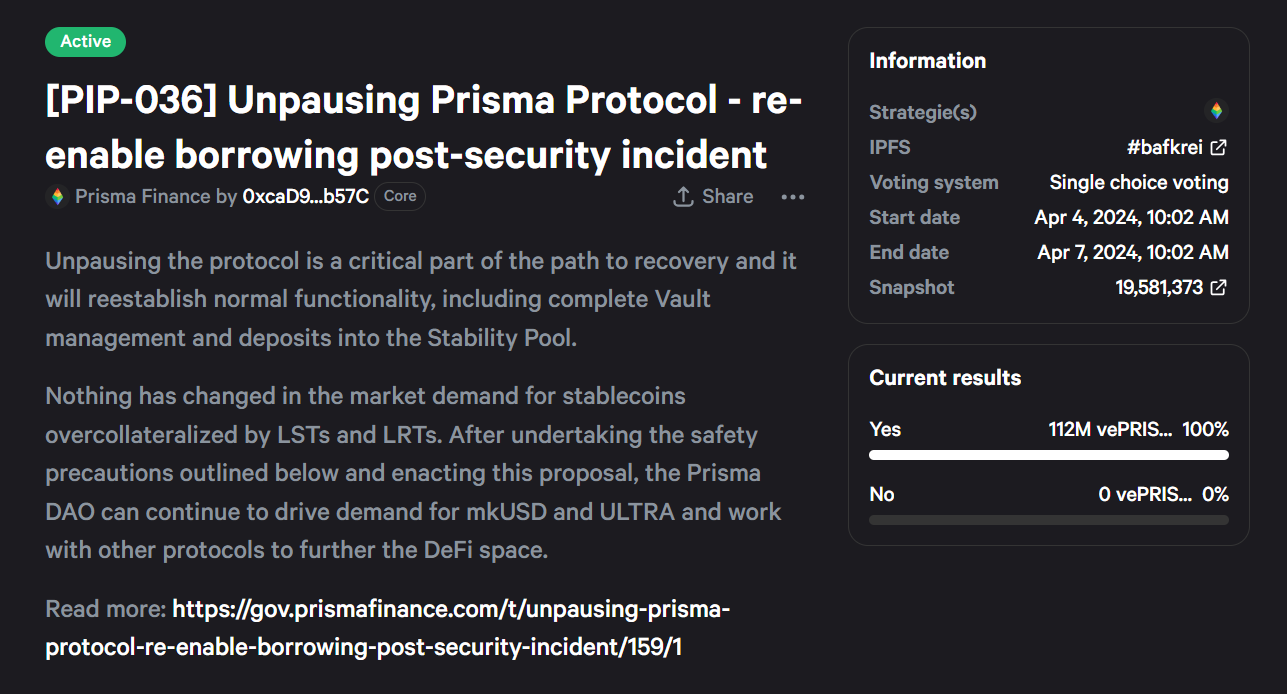 Prisma DAO proposal for unpausing the protocol