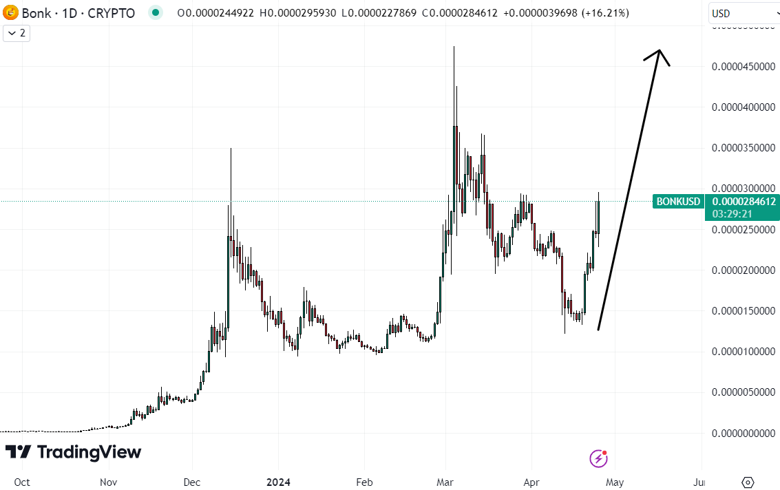 The Bonk price is building momentum for a return to its March record highs. 